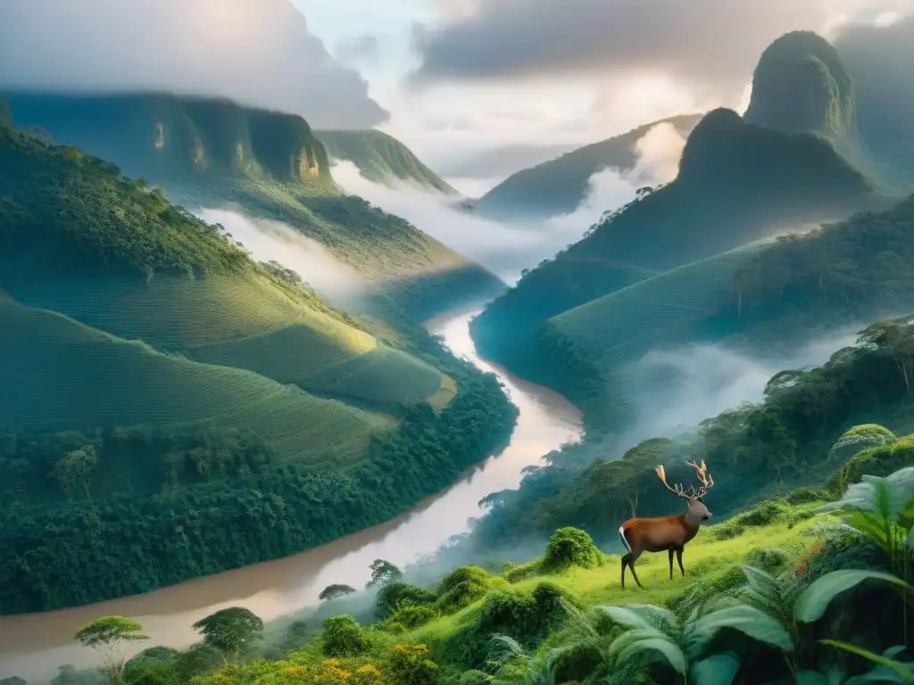 Vista panorámica impresionante del paisaje exuberante de Guazubirá con colinas, bosques y un río sereno