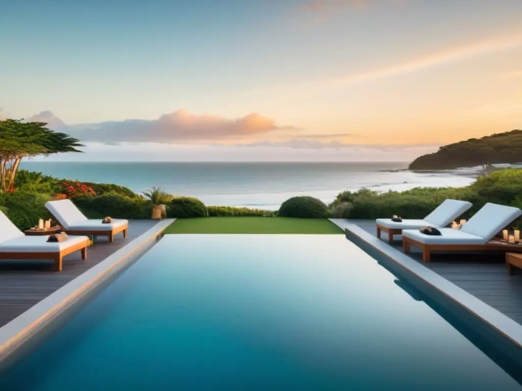 Vista panorámica de un lujoso spa en Uruguay con piscina infinita al atardecer, ideal para relajarse