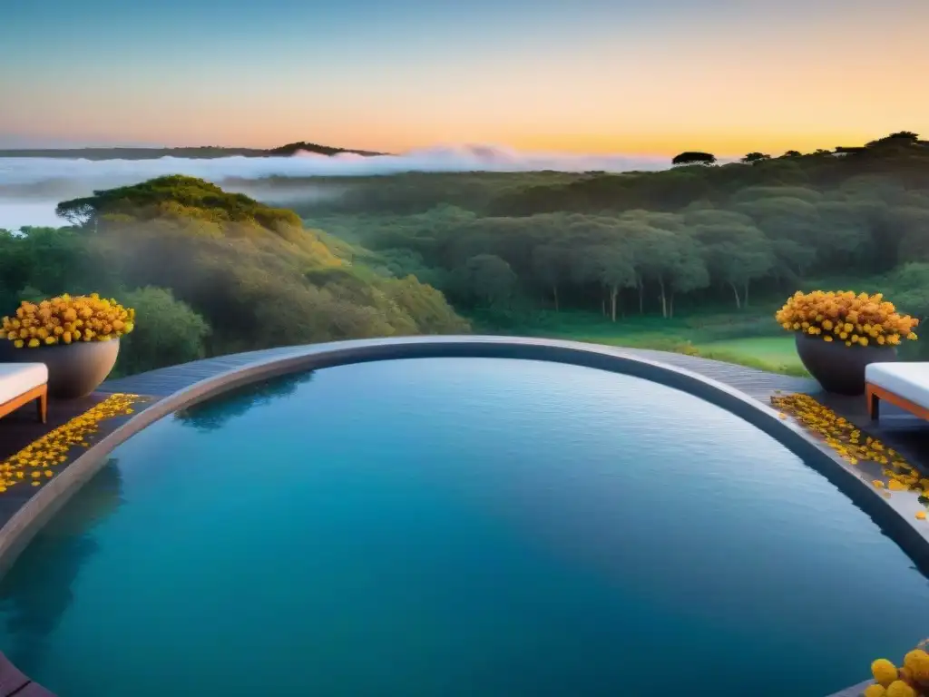 Vista panorámica de un lujoso spa en Uruguay con piscina termal al aire libre rodeada de exuberante vegetación, bajo la cálida luz del atardecer