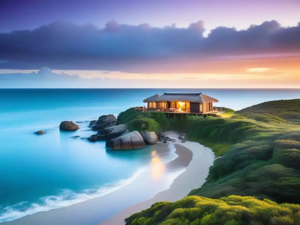 Vista panorámica de uno de los mejores ecolodges en la naturaleza de Uruguay, entre exuberante vegetación y atardecer vibrante