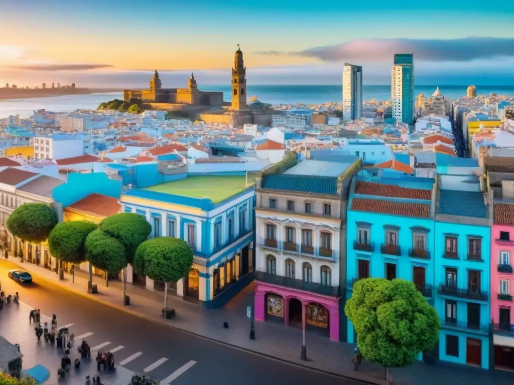 Montevideo: Tradición y tecnología en realidad aumentada Vista panorámica de Montevideo, Uruguay, fusionando tradición y modernidad con Turismo Uruguay Realidad Aumentada