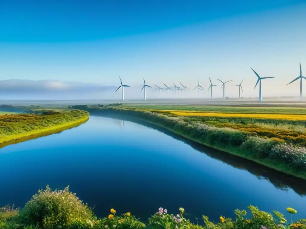 Vista panorámica de paisaje verde en Uruguay con molinos de viento, lago sereno y turismo sostenible en Uruguay