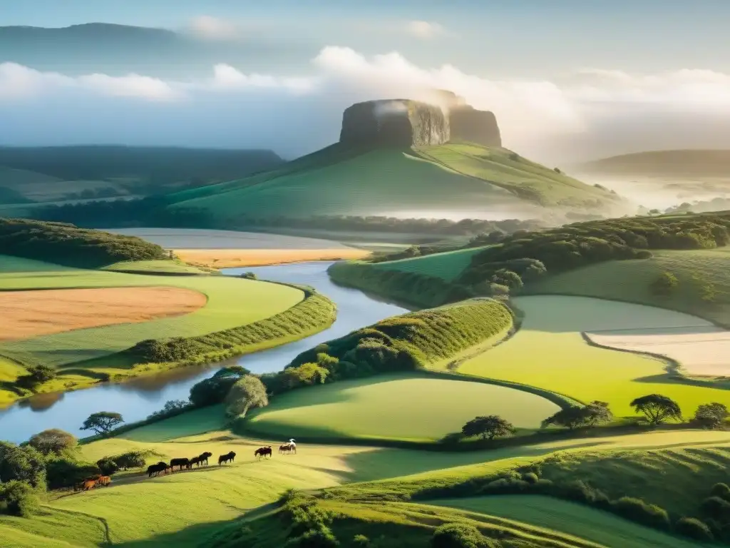 Vista panorámica de Uruguay: verdes paisajes, río cristalino y gaucho en caballo