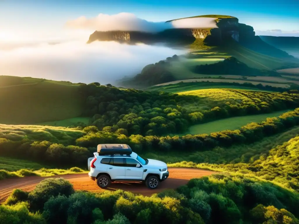 Vista panorámica de paisajes de Uruguay con tienda de techo en camping