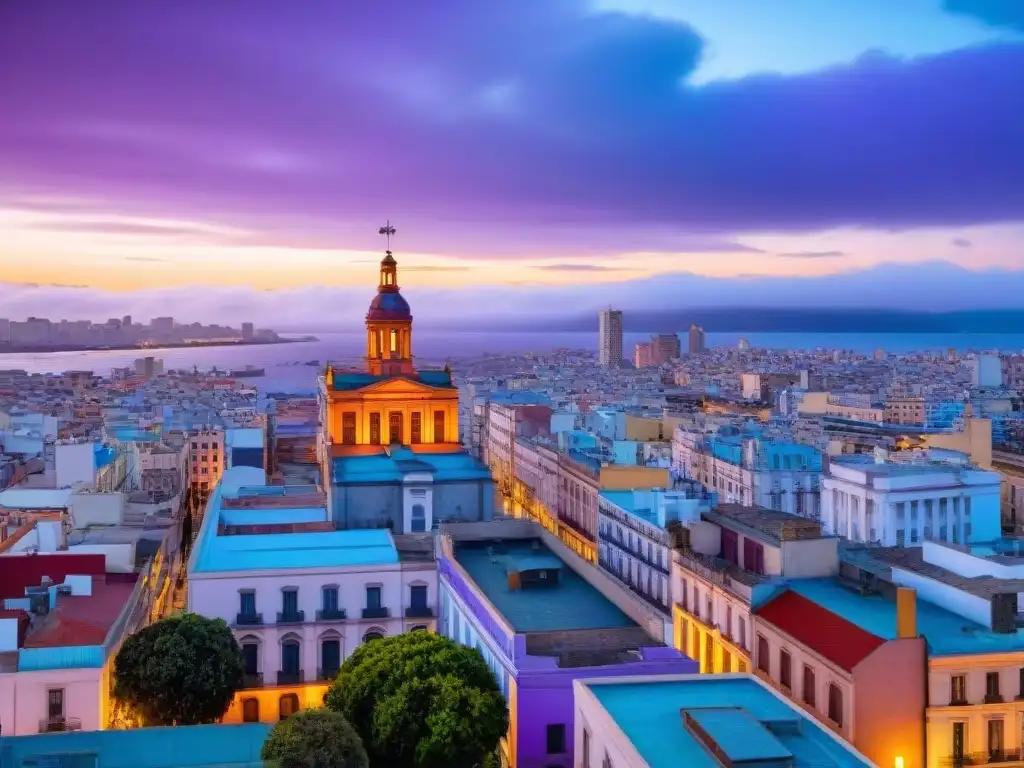 Vista panorámica de Montevideo desde el Palacio Salvo en un atardecer de ensueño