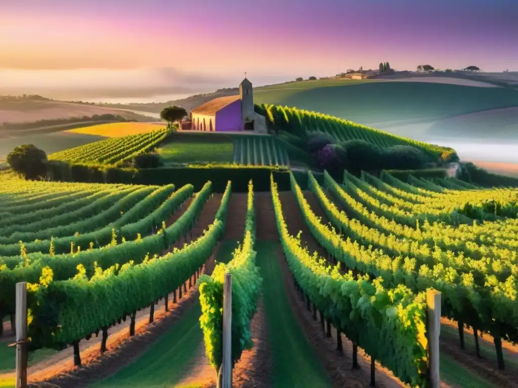 Vista panorámica de una pintoresca bodega en Uruguay al atardecer, con viñedos verdes bajo un cielo dorado