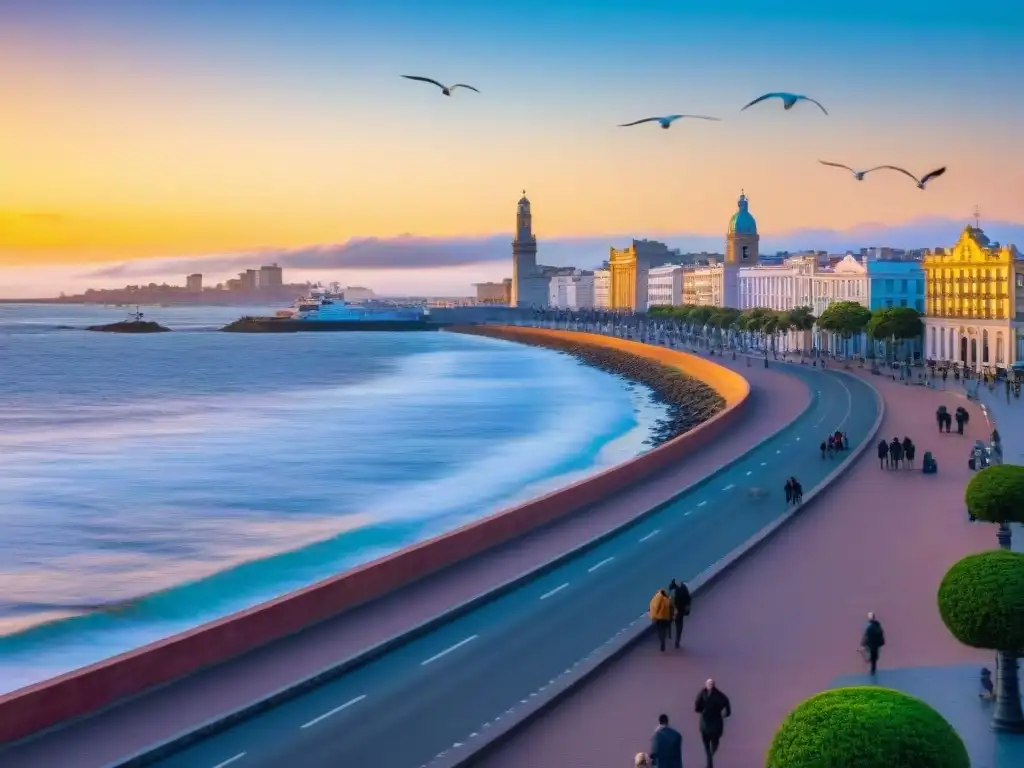 Vista panorámica de la icónica Rambla de Montevideo al atardecer, turistas y locales disfrutando del paseo junto al Río de la Plata