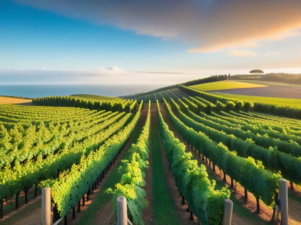 Vista panorámica de viñedo en Uruguay al atardecer, barril de vino y copas