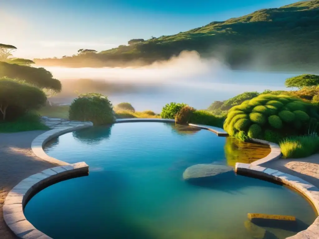 Vista serena de aguas curativas en Uruguay, rodeadas de vegetación exuberante bajo la luz dorada del sol, invitando al viaje y la salud