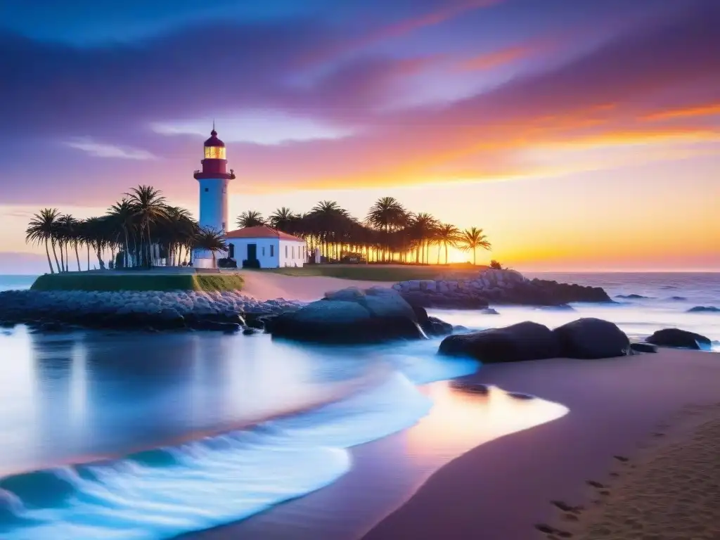 Vista serena de atardecer en Punta del Este con el icónico faro, reflejos de naranja y rosa en el cielo y palmeras en el horizonte