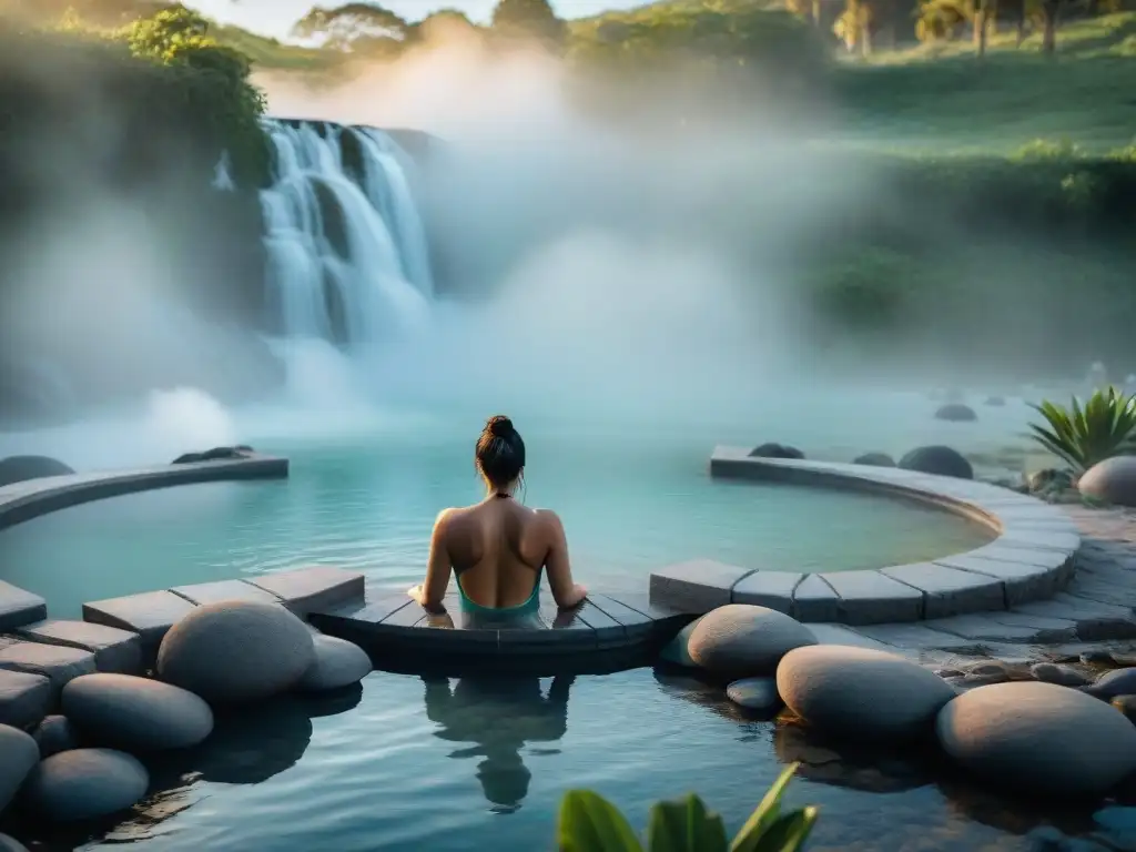 Vista serena de las termas en Uruguay: aguas cristalinas, vapor y vegetación exuberante