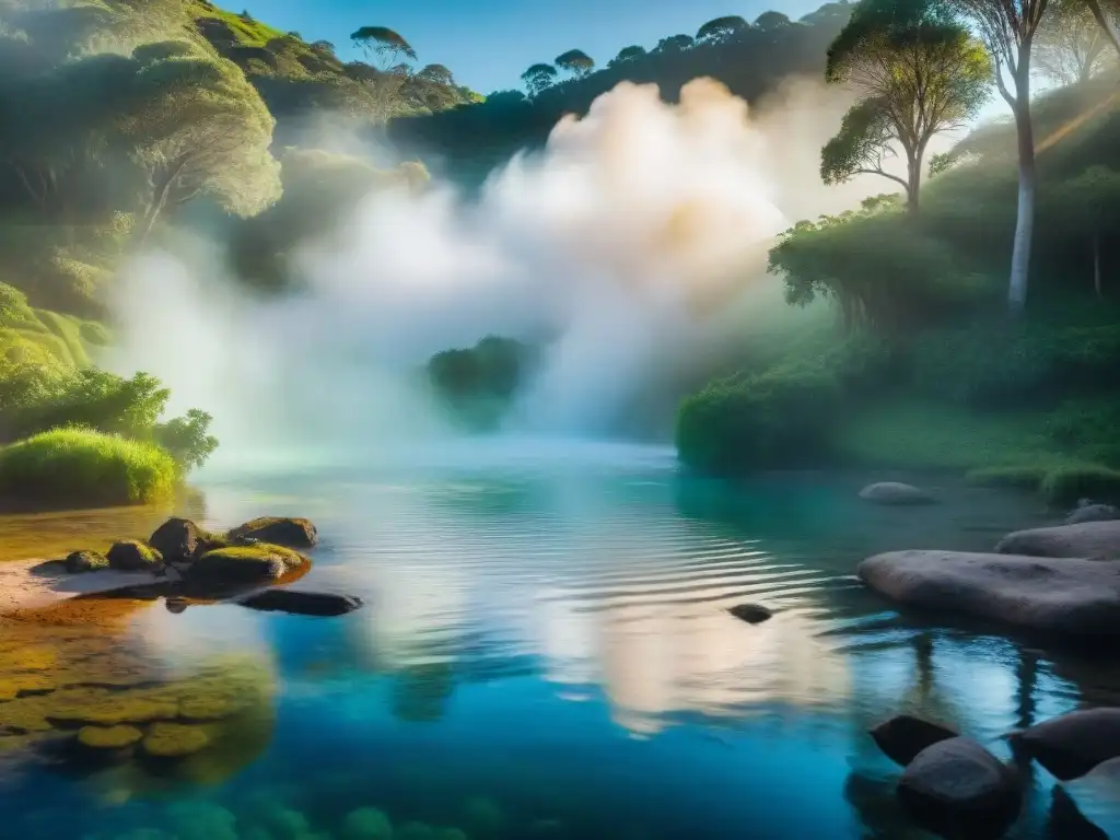 Vista serena de termas uruguayas escondidas entre la exuberante naturaleza, con vapor y luz filtrándose entre los árboles