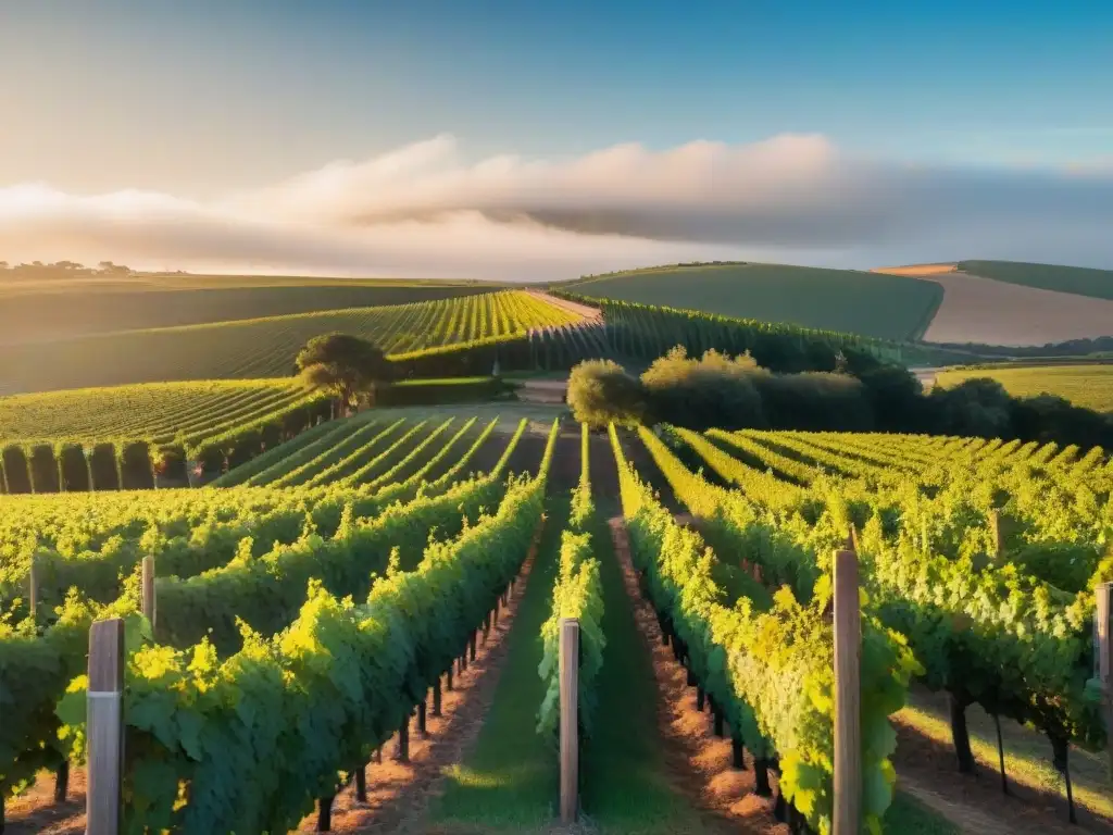 Vista serena de viñedo al atardecer en Uruguay, con viñas verdes y cartel hacia bodega boutique