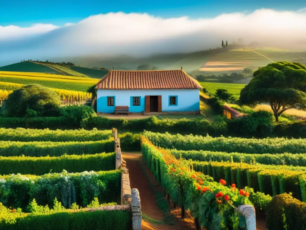 Vista serena de viñedos verdes y granja tradicional en Uruguay