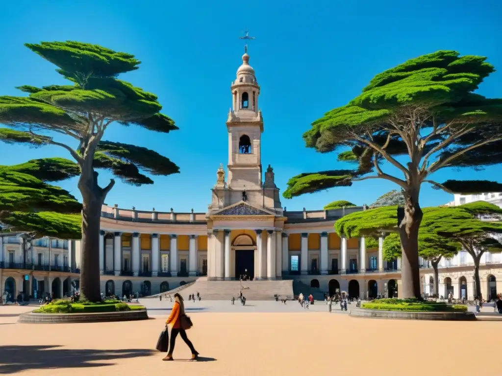 Vista vibrante de la Plaza Independencia en Montevideo, Uruguay, con turistas y locales disfrutando, ideal para Mejores seguros de viaje Uruguay