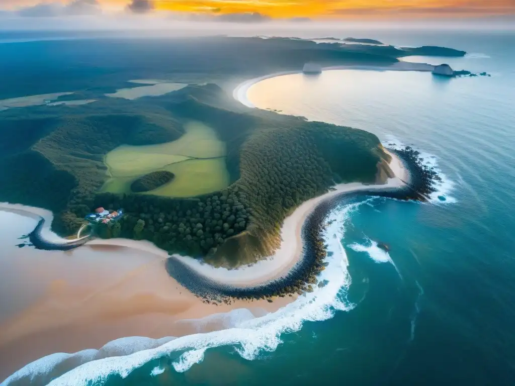 Vistas aéreas de la costa de Uruguay desde un helicóptero, con pueblos pesqueros y bosques verdes, bañados por la cálida luz del atardecer