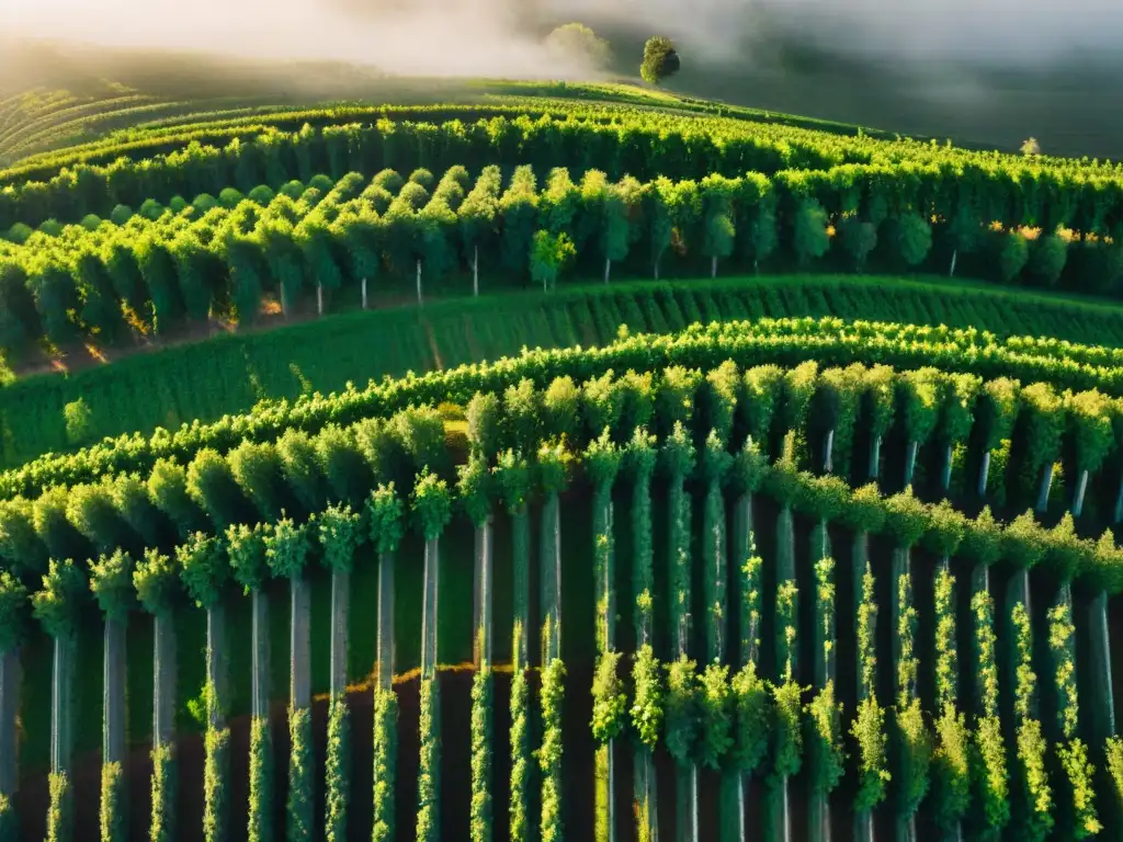 Vistas aéreas detalladas de viñedos verdes en colinas de Uruguay al atardecer