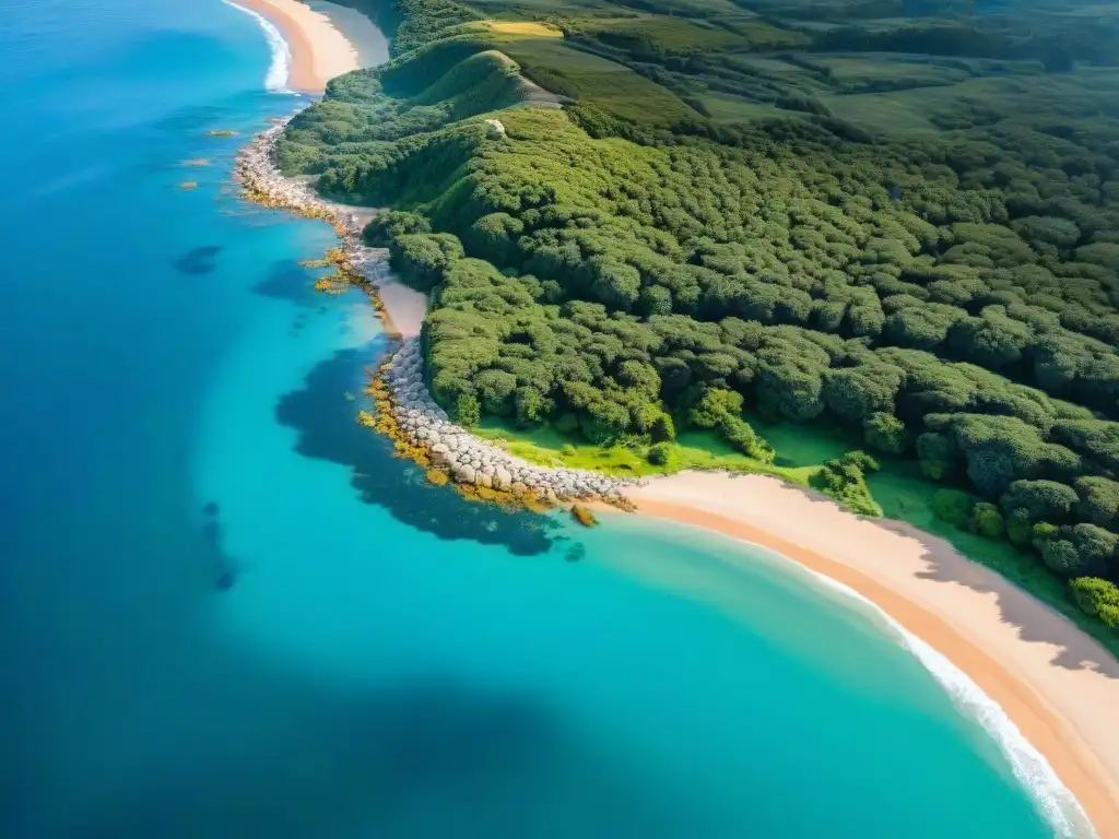 Vistas aéreas de Uruguay desde un helicóptero: aguas turquesas y playas doradas, paisaje verde vibrante