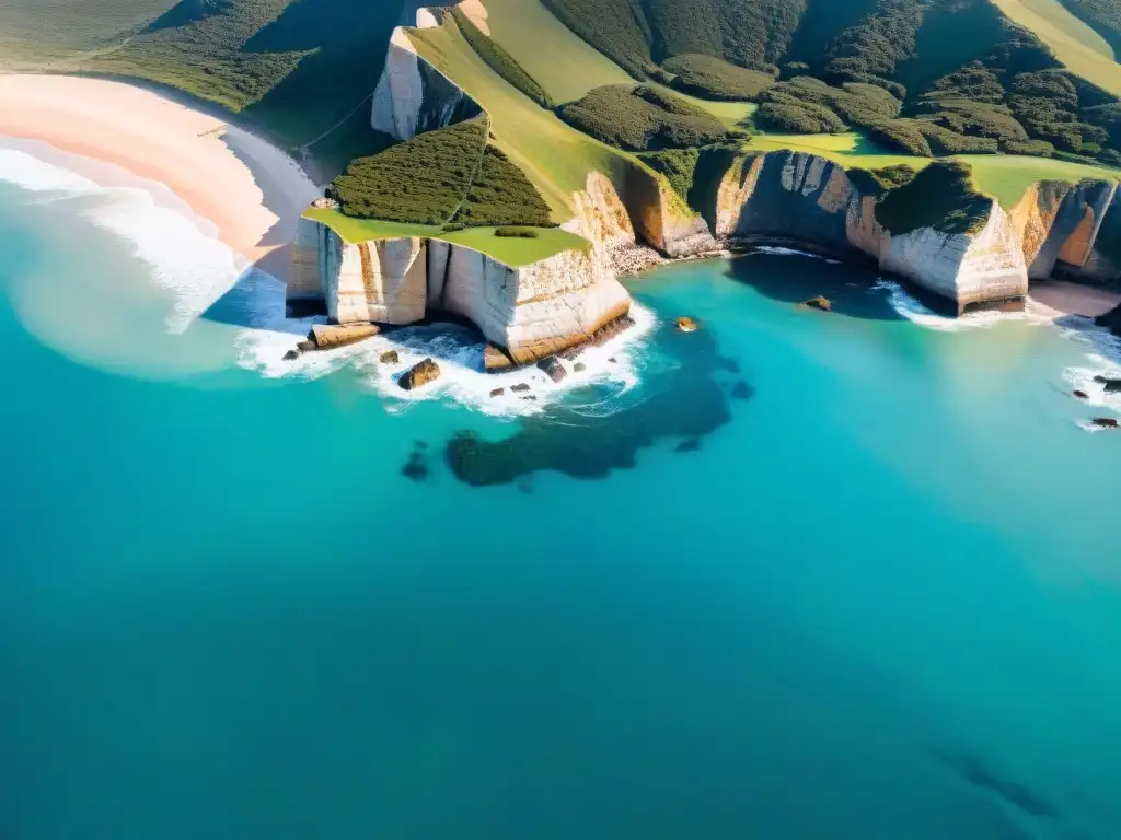 Vistas aéreas impresionantes de Uruguay desde helicóptero: acantilados, mar turquesa, barcos pesqueros y horizonte infinito