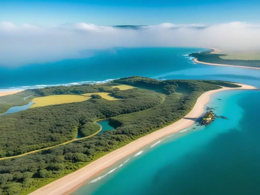 Vistas aéreas impresionantes de la costa de Uruguay desde un helicóptero, con aguas turquesas y playas doradas bajo un cielo azul