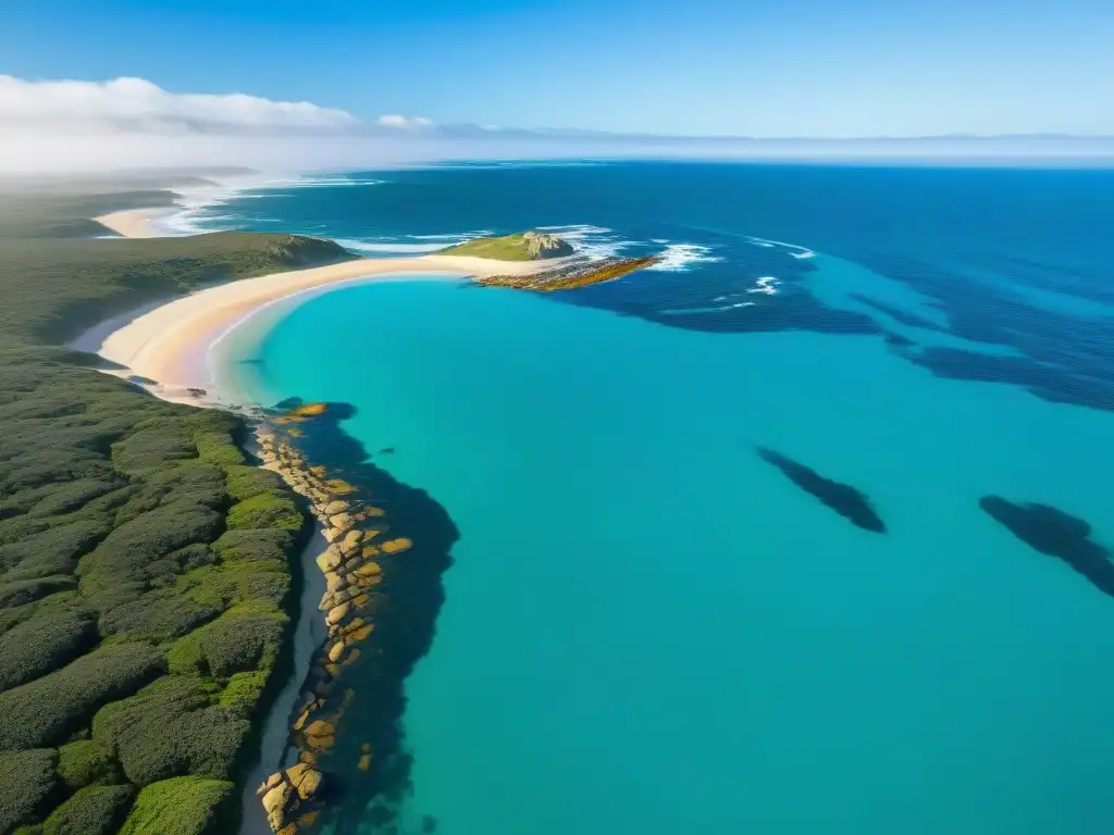 Vistas aéreas impresionantes del Parque Nacional Cabo Polonio en Uruguay, destacando su costa escarpada y ecosistema diverso