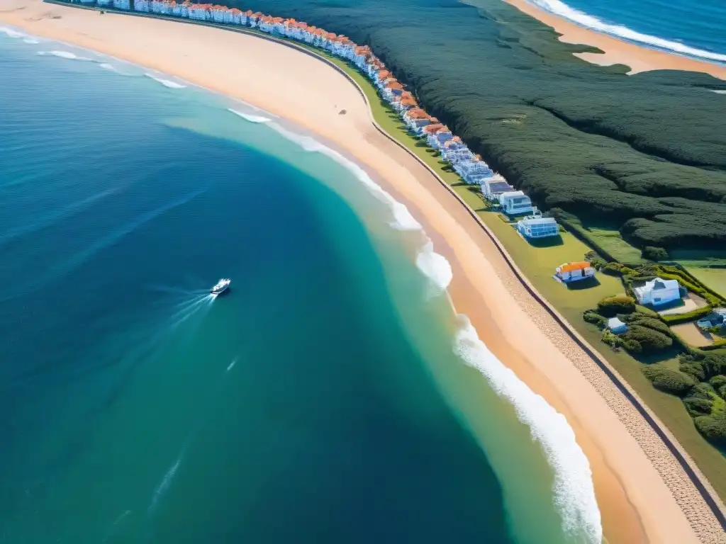 Vistas aéreas Uruguay helicóptero impresionantes: Contraste entre el mar azul y playas doradas, yates en el agua