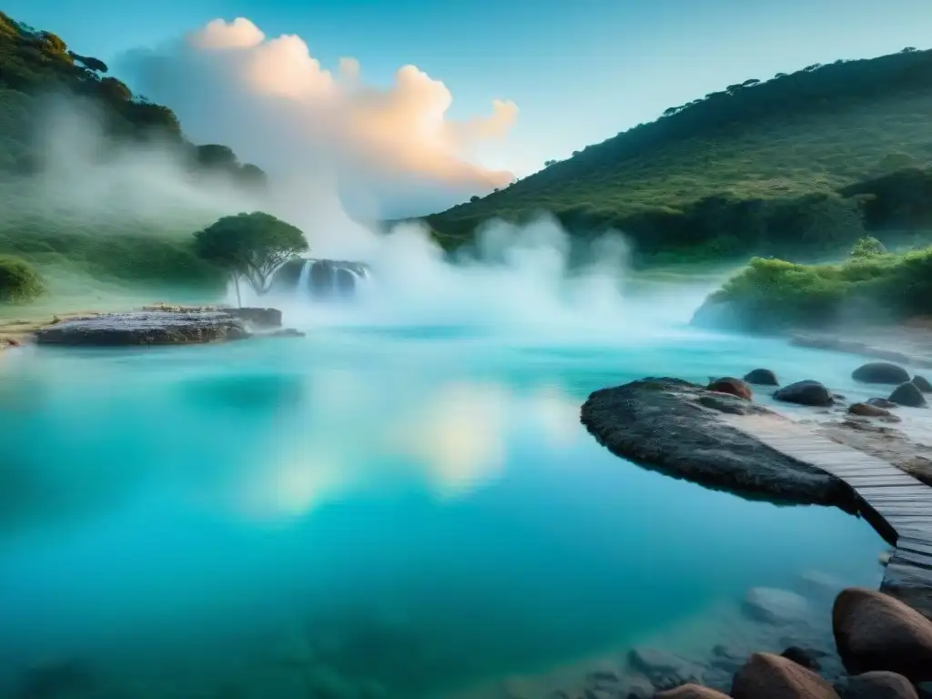 Vistas impresionantes de las termas naturales en Uruguay, aguas turquesas rodeadas de vegetación exuberante