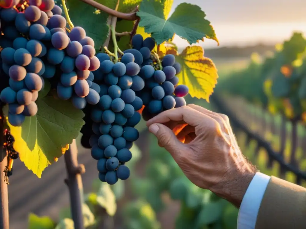 Un viticultor experimentado inspecciona uvas Tannat en viñedo uruguayo al atardecer