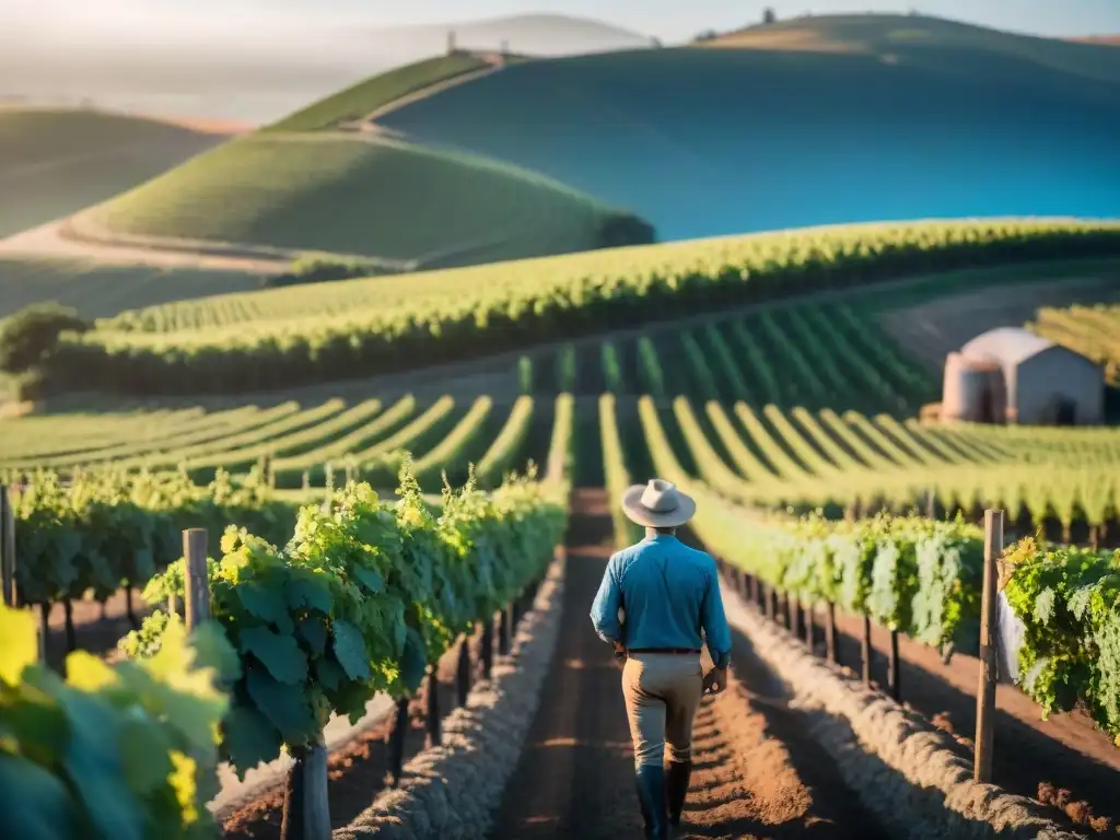 Un viticultor uruguayo inspecciona uvas en un viñedo iluminado por el sol, rodeado de barricas y equipo de vinificación