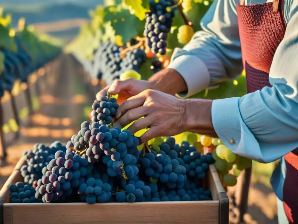 Un viticultor selecciona uvas Tannat maduras al amanecer para el vino 'Medio y Medio' en Uruguay