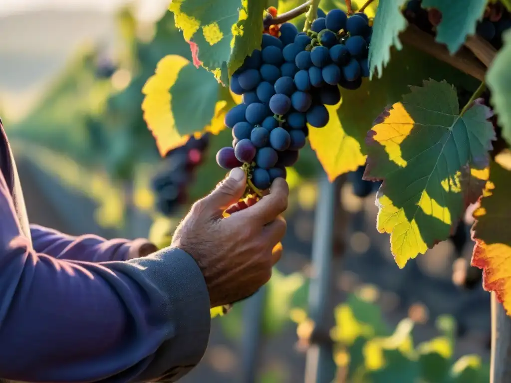 Un viticultor examina uvas Tannat en un viñedo al atardecer en Uruguay