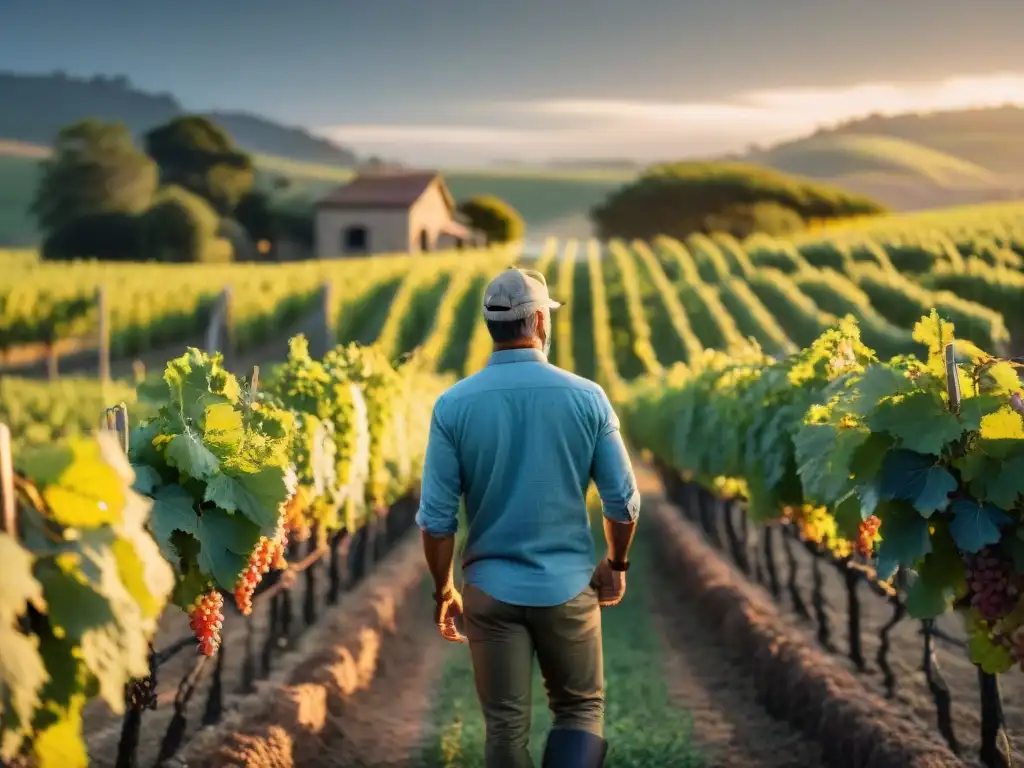 Un viticultor en Uruguay inspecciona las viñas al atardecer, mostrando las Rutas del vino en Uruguay