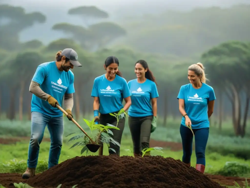 Voluntariado ambiental en Uruguay: sembrando árboles en un bosque exuberante, con aves coloridas