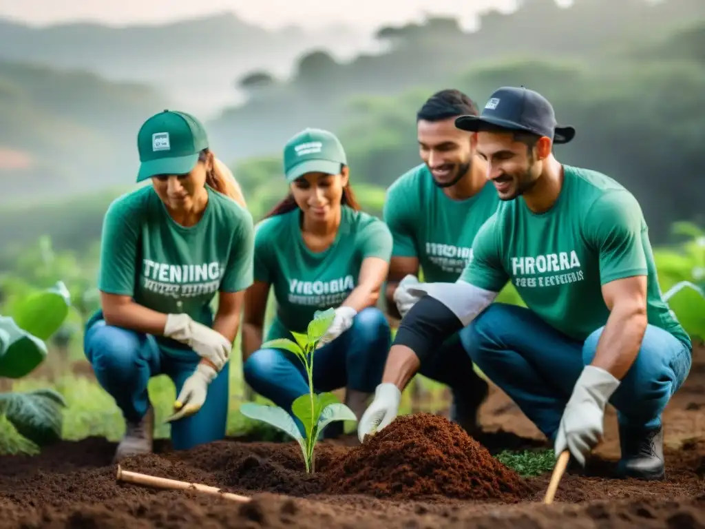 Voluntariado ambiental en Uruguay: Grupo plantando árboles en bosque, expresiones dedicadas bajo cálida luz filtrada entre hojas