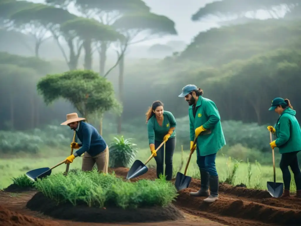 Voluntariado ambiental en Uruguay: Grupo plantando árboles nativos en un bosque verde, guiados por experto local