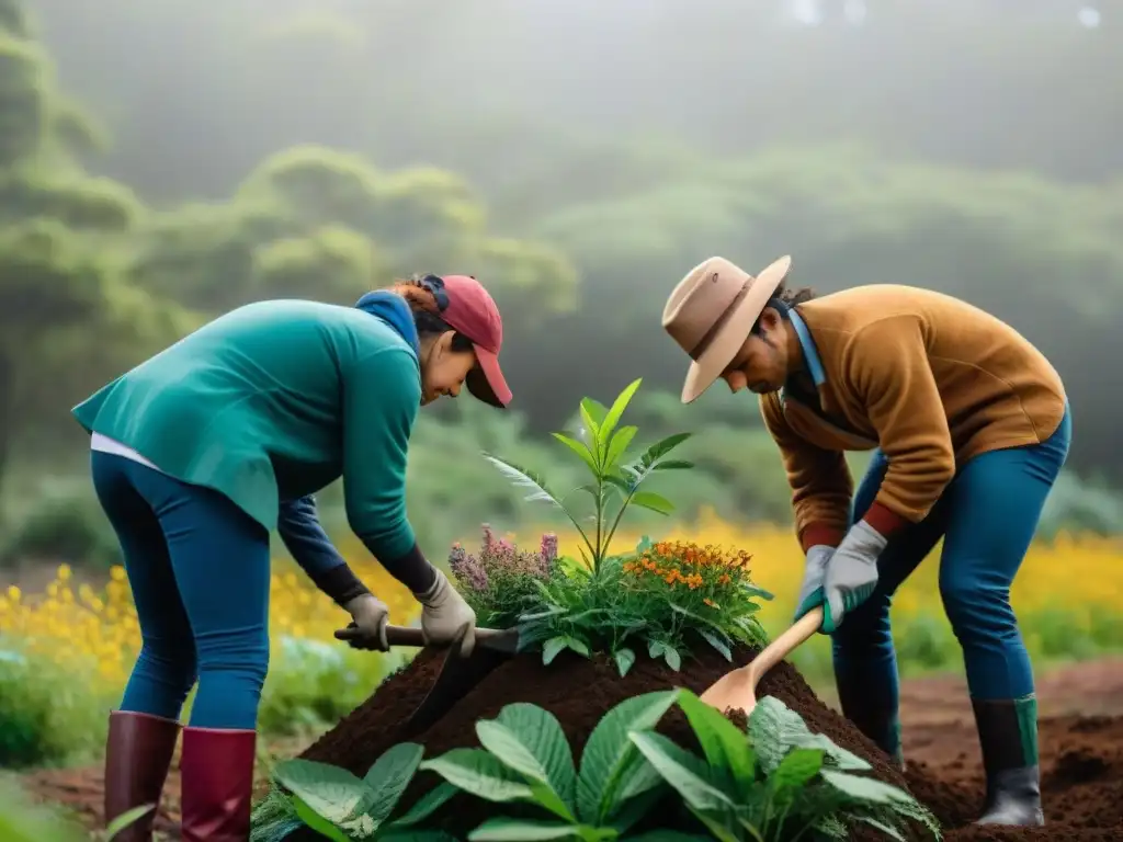 Voluntariado ambiental en Uruguay: Grupo plantando árboles nativos en bosque verde