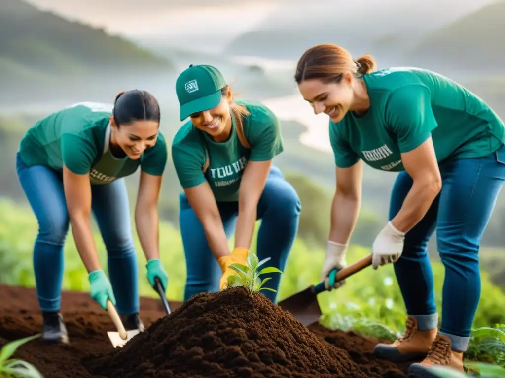 Voluntariado ambiental en Uruguay: Grupo plantando árboles nativos en un bosque frondoso, iluminados por el sol