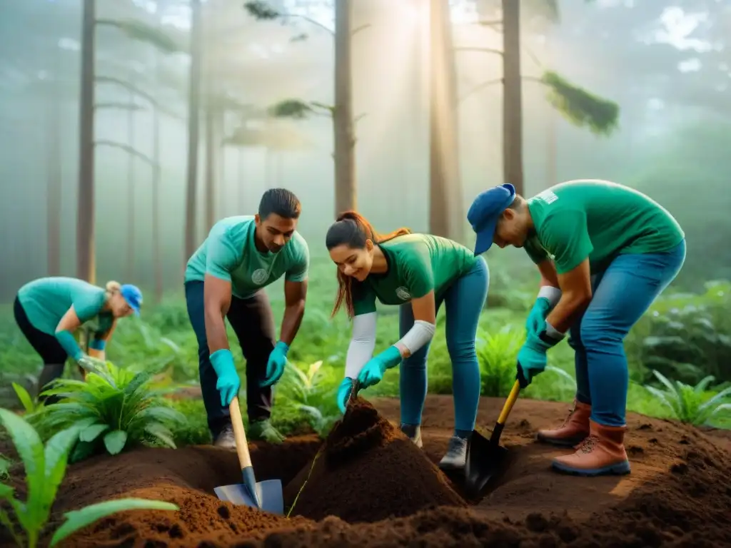 Voluntariado ambiental en Uruguay: Grupo plantando árboles en bosque verde, unidos por un propósito común