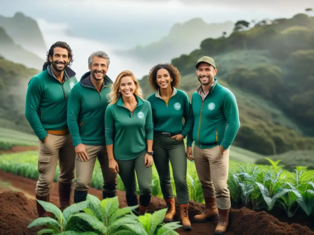 Voluntariado ambiental en Uruguay: aventureros plantando árboles en armonía bajo el sol en un bosque verde