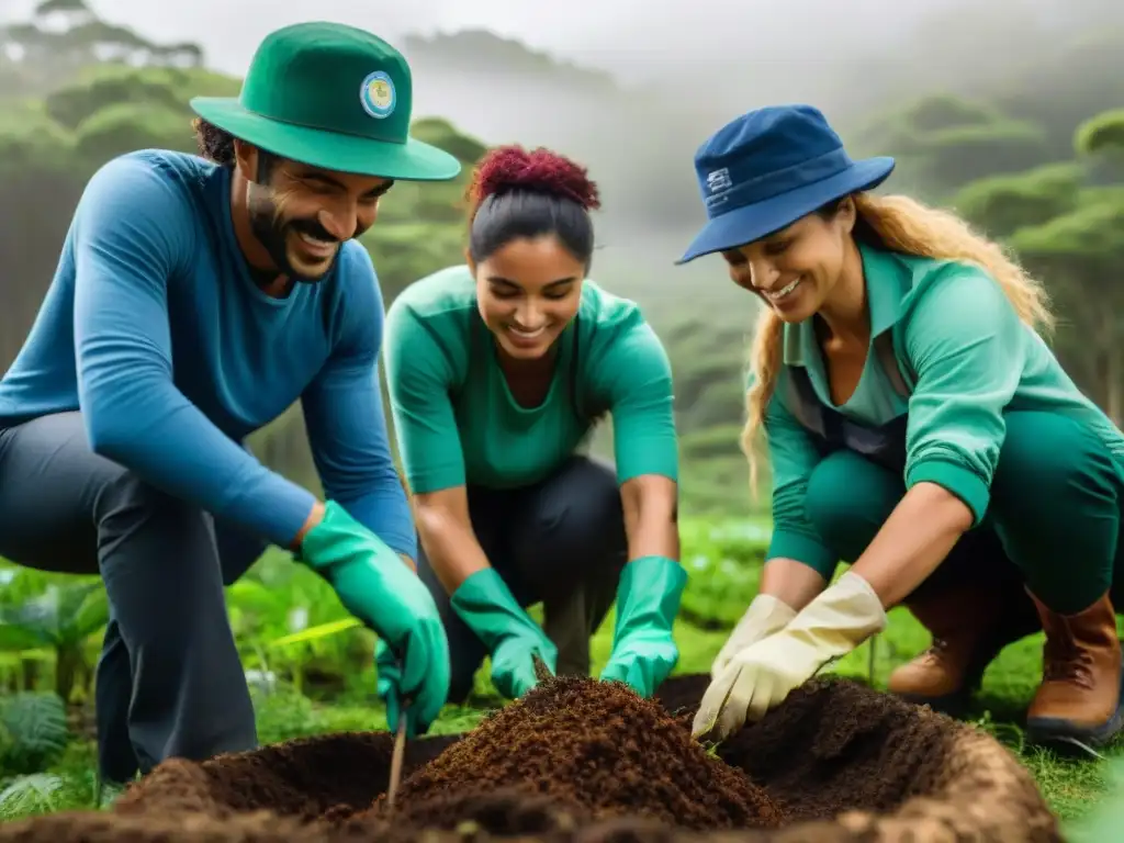 Voluntariado ambiental en Uruguay: Aventureros reforestando un bosque verde y exuberante