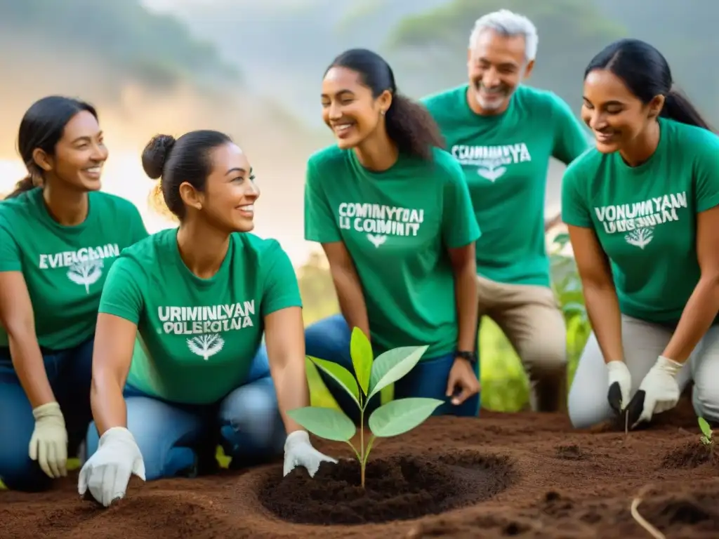 Voluntariado ambiental en Uruguay: Grupo diverso planta árboles juntos en un bosque frondoso mientras el sol se filtra entre el dosel