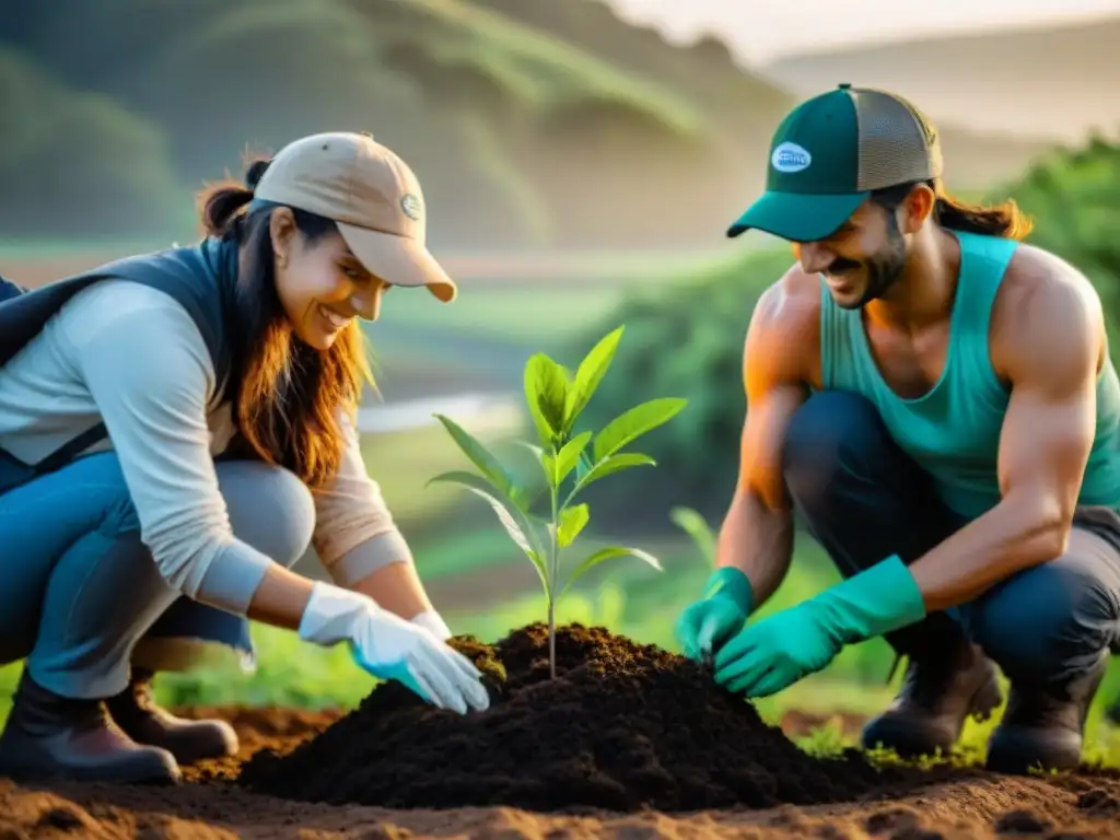 Voluntariado ambiental en Uruguay: Grupo diverso planta árboles nativos al atardecer, unidos y felices