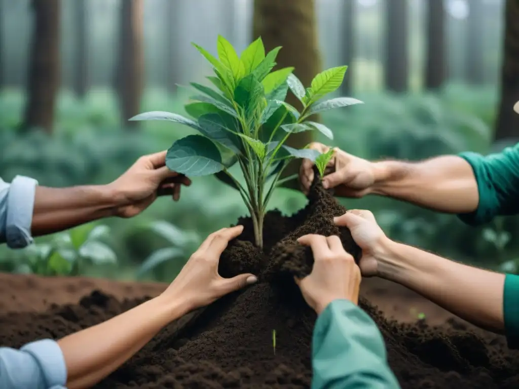 Voluntariado ambiental en Uruguay: Grupo diverso plantando árboles en un bosque exuberante, mostrando compromiso y comunidad