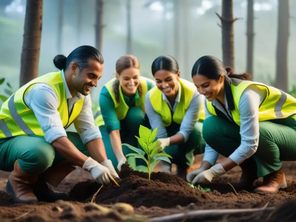 Voluntariado ambiental en Uruguay: Grupo diverso planta árboles en un bosque vibrante, mostrando unión y propósito