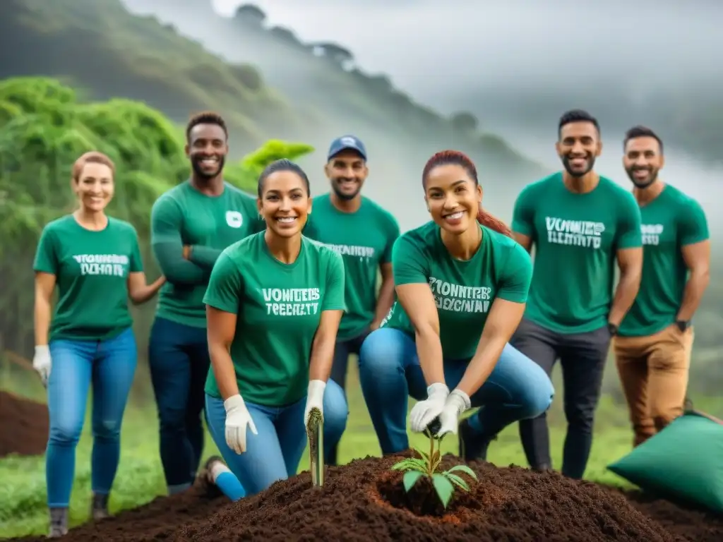 Voluntariado ambiental en Uruguay: Grupo diverso plantando árboles en un bosque verde, con camisetas verdes y sonrisas, protegiendo la naturaleza