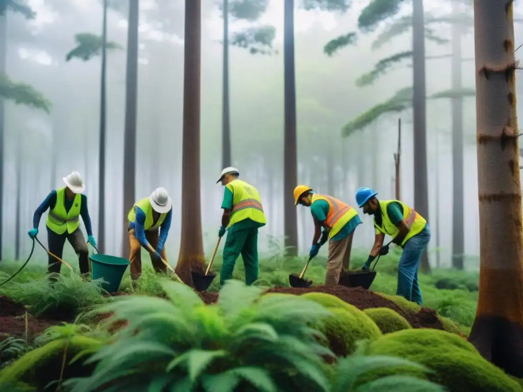 Voluntariado ambiental en Uruguay: Grupo diverso planta árboles nativos en bosque de Santa Teresa, lleno de luz y vida