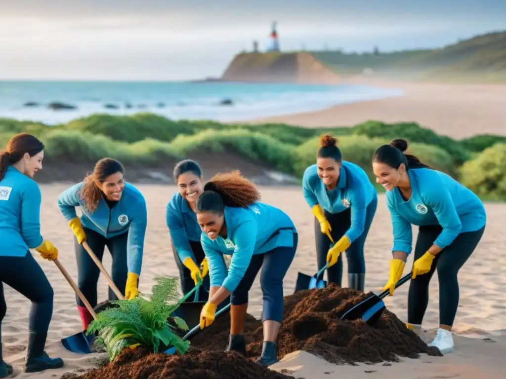 Voluntariado ambiental en Uruguay: Grupo diverso plantando árboles y limpiando playa bajo cielo azul