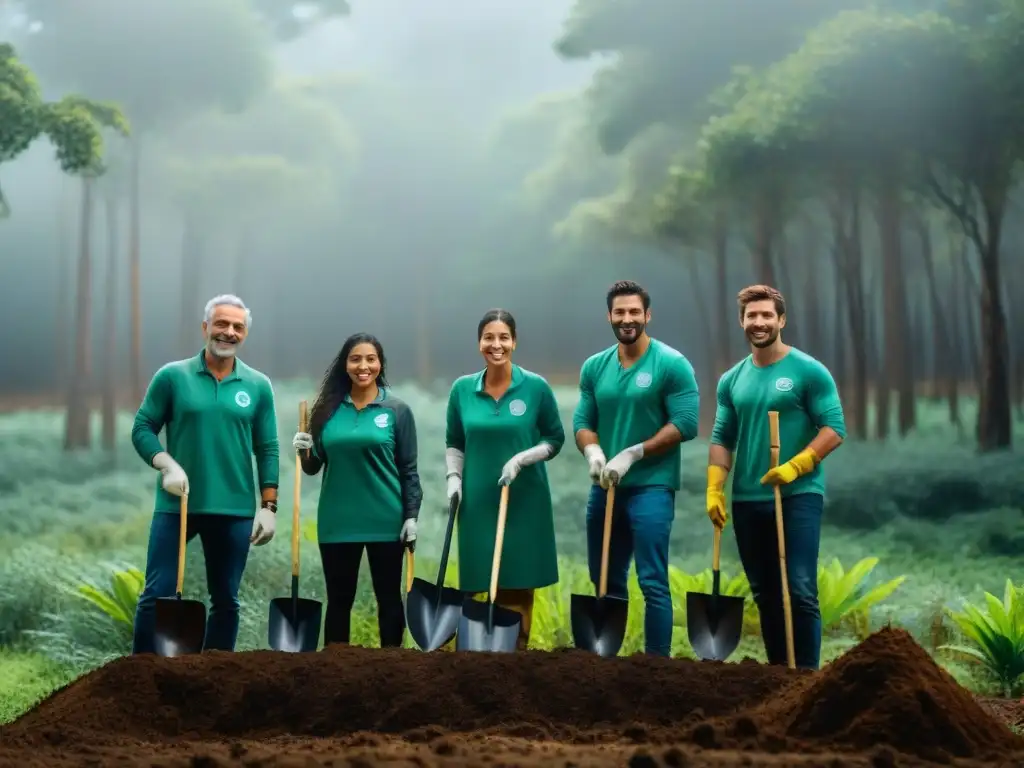 Voluntariado ambiental en Uruguay: Grupo diverso planta árboles en un bosque verde, creando un ambiente inspirador y sereno