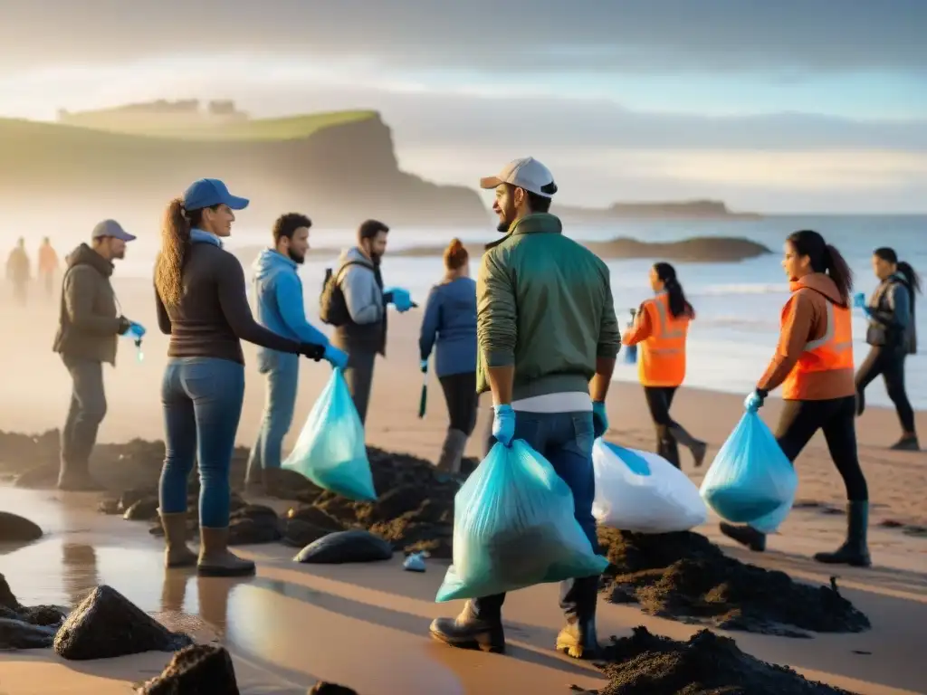 Voluntariado ambiental en Uruguay: Grupo diverso de voluntarios limpiando la playa de Valizas al atardecer, unidos por la conservación