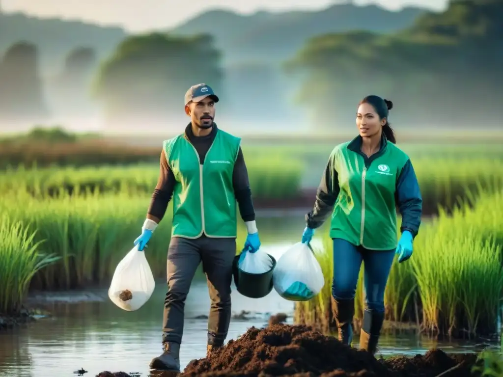 Voluntariado ambiental en Uruguay: Grupo diverso de voluntarios limpiando un humedal, uniendo esfuerzos por la conservación